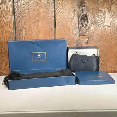  (2pc) Brooks Brothers Couture | Including a black evening bag, and a black scarf, both in original Brooks Brothers boxes. - l. 14 x h. 9...