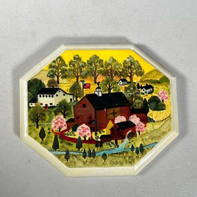 Folk Art Painted Plaque | Painted wood plaque with stippled signature 