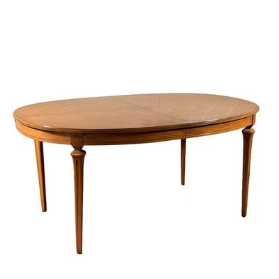 Extension Dining Table | Oval dining table with one leaf (12 in.), having a parquetry top with contrasting wood. - l. 64 x w. 44 x h....