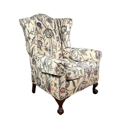 Crewel Wingchair | By Schellenberg Interiors, Queen Anne style upholstered wingback armchair. - l. 33.5 x w. 27.5 x h. 43 in 