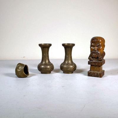 (4pc) Brass & Other Decor | Including a pair of vases, a small fish, and a carved wood bust (h. 4.75 in.) 