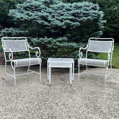  (4pc) Outdoor Furniture Suite | Including a set of two white nesting tables (largest h. 15.5 x 20 x 16 in.) and two armchairs with...