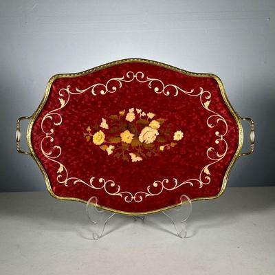 Italian Serving Tray | Brass gallery and handles with a stained faux inlaid wood in a red tone, marked 