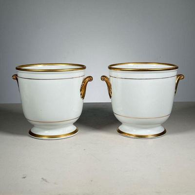 (2pc) Pair Gilt Cache Pots | Dated 1899 on the bottom, white porcelain cache pots with gilt rims and handles. - w. 7 x h. 6 in 