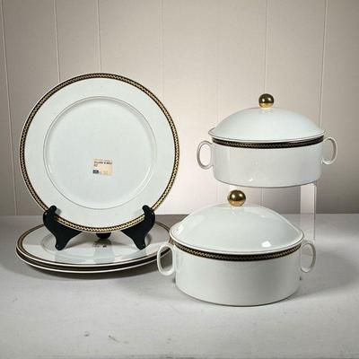 (5pc) Villeroy & Boch Tureens & Plates | Two lidded tureens and three under plates with black and gilt laurel leaf rims. - dia. 10.25 in...