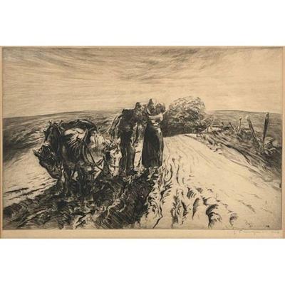 John Edward Costigan (1888-1972) | When Day is Done Etching Pencil signed lower right Showing a man and woman with child on a farm Sight...