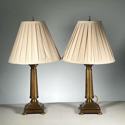  (2pc) Pair Brass Column Table Lamps | With pleated shades. - w. 6 x h. 23 in (excl. shades) 