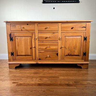 Ethan Allen Cabinet | Rustic pine sideboard / cabinet with drawers and doors with open cabinet space. - l. 60 x w. 18.75 x h. 34.25 in 