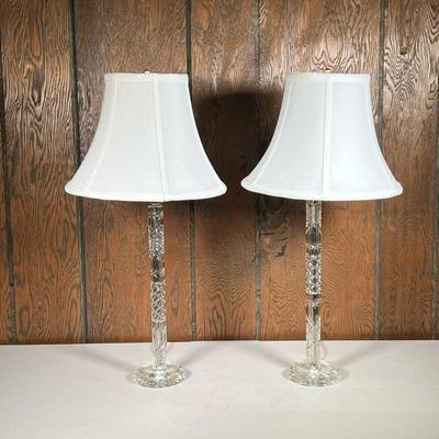 (2pc) Pair Cut Glass Lamps | Glass column table lamps. - h. 23.5 x dia. 12 in (overall with shade) 
