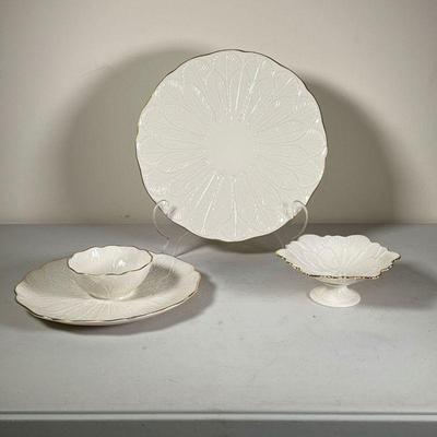 (3pc) Lenox Table Items | Including a round platter, a vegetable dish with bowl, and a pedestal compote, all with gold rims. - dia. 11.75...