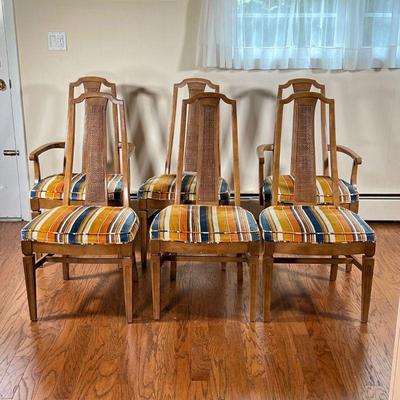  (6pc) Cane Back Dining Chairs | Two armchairs and four side chairs, by J Schellenger interiors, with striped velvet upholstered seats. -...