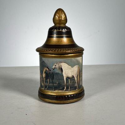 Decorative Lidded Jar | Black and gilt container with paper mache landscape with horses. - h. 7 x dia. 4 in 