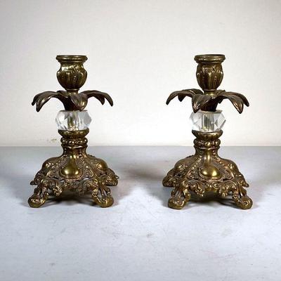  (2pc) Pair Candlestick Holders | Palm leaf-form brass and cut glass candle holders. - h. 7 x dia. 5 in 