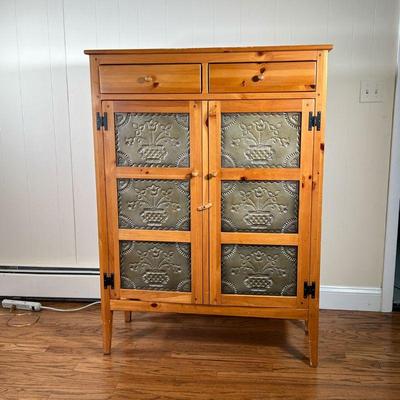 Ethan Allen Pie Safe | With pressed decorated panel cabinet doors under two drawers, with interior storage shelves. - l. 39.75 x w. 16 x...