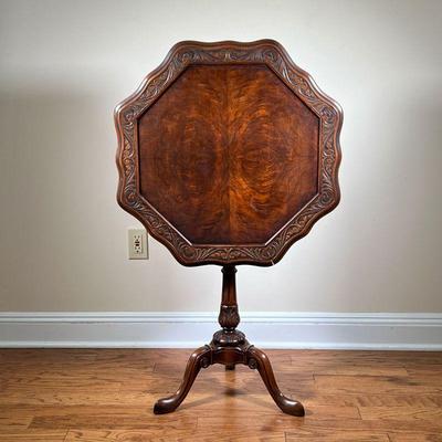 Octagonal Side Table | Tilt top table with burl wood and carved rim on a tripod base. - h. 28.25 x dia. 26.6 in 