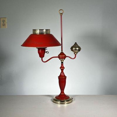 Red Tole Students Lamp | Red and polished brass with gilt accents. - l. 18 x h. 28.5 in 