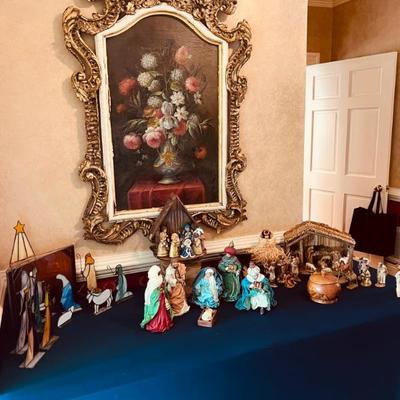 Nativity scenes, paper mache, stained glass & Goebel