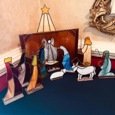 Vintage stained glass nativity scene