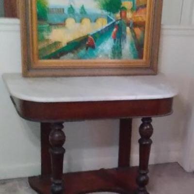 Pier table with marble top, painting
