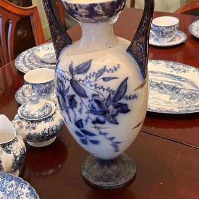 Victorian flow blue handpainted vase