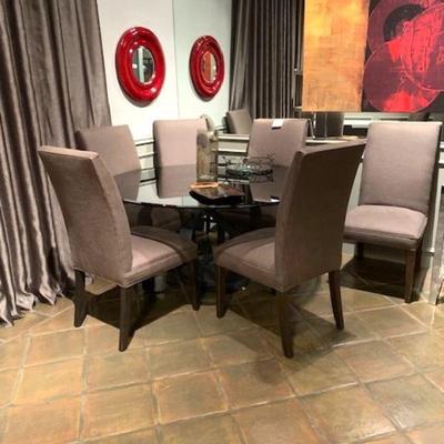 Iron base dining table with glass top; 6 side chairs