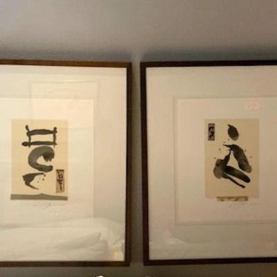 Framed ink with collage diptych