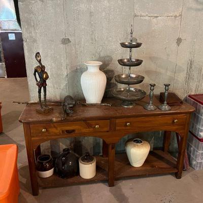 Pennsylvania House Console Table $300, Salt Glazed Jugs $25/each, Dox Quixote Carved Wood Statue $50