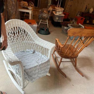 Antique Wicker Rocker $75, Antique Wooden Rocker $40