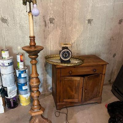 Wooden Floor Lamp $95, Antique Commode $100, Antique Scale $20, Mirrored Tray $20