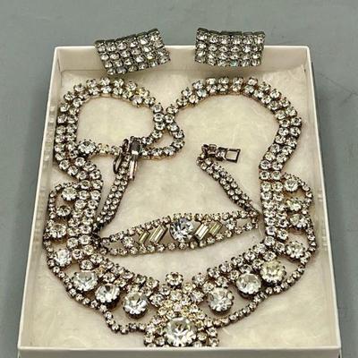 Vintage Rhinestone Necklace, Bracelet And Earrings
