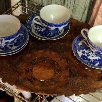 Wood tray, blue willow cups and saucers