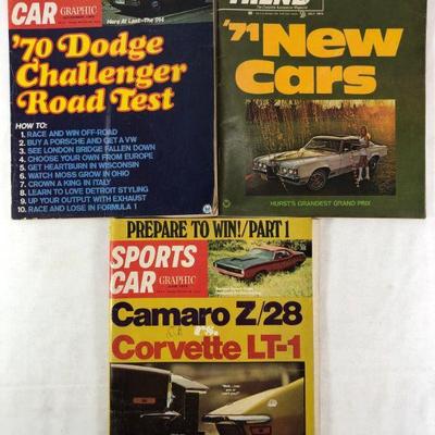 Three vintage car magazines, sports car, November 1969, June 19 70, motor trend, July 1970