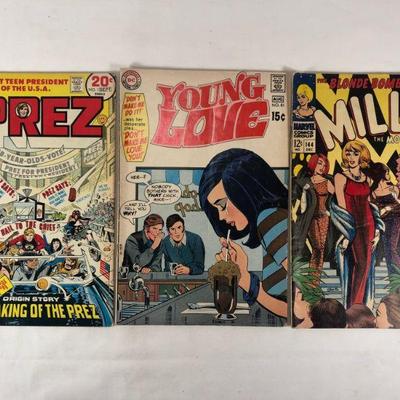 Prez #1 Sept 73, Young Love #81, Aug 70 Millie #144, Dec 66