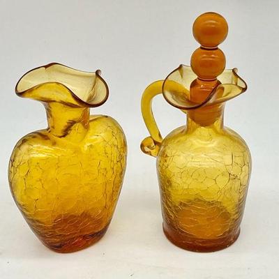 (2) Amber Crackle Glass Mini Pitcher & Vase
