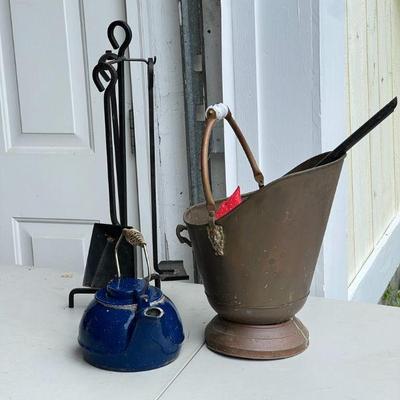 Blue Enamel Teapot & Fireplace Accesories
