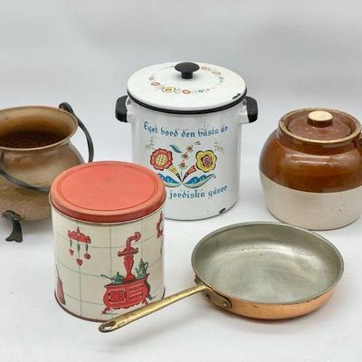 (5) Vintage Lidded Crock, Enamel Pot, More
