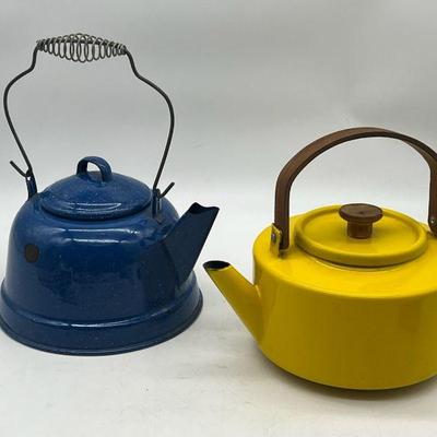 (2) Enamel Teapots Blue Yellow
