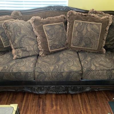 Beautiful Ornate Leather and Wood Couch