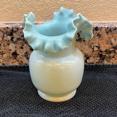 small vintage blue ruffled white vase