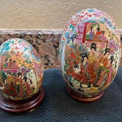 two smaller Satsuma Porcelain egg hand painted