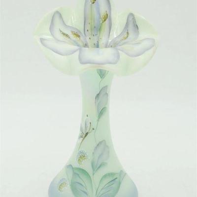 Fenton Art Glass 1998 Sea Foam Green "Interlude" Satin Glass Hand Painted Jack in the Pulpit Vase. Limited Edition 2433....