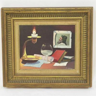 Vintage Oil on Wood Panel, sheets of music, books and art in gilt wood frame. In frame 15"x13.5"x 1,75". 
