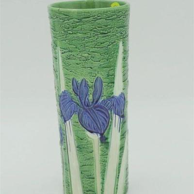 JAPANESE ANTIQUE AWAJI POTTERY TALL VASE IRIS