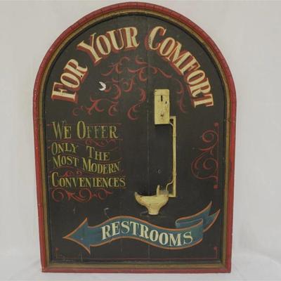 Vintage 1940-50 For Your Comfort Restrooms Directional Sign. Hand Painted on wood. Measures 26"x36"x2.5". Weight 16 lbs....