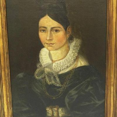 Antique 19th c. Oil on Canvas Portrait of A Well Dressed Spanish Woman c. 1840-50. Fine detail, unsigned. Gilt wood frame...