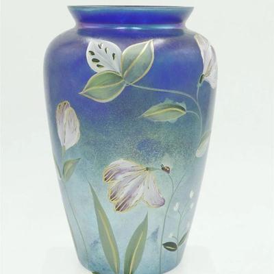 Vintage Tall Fenton Hand Painted Favrene Art Glass Vase. "Felicity" Tulips with small white flowers and a ladybug. Signed by...