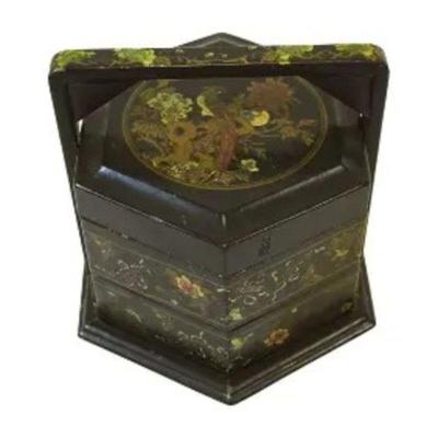 Antique Chinoiserie Early 20th Century Large Hand Painted Black Lacquer Bamboo Wood Wedding Basket.