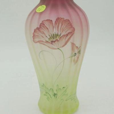 Fenton Art Glass Hand Painted Poppies Vase, Nice glow. Signed. 5"x5"x9.75". 