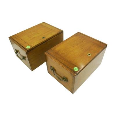 Beautiful antique wooden travel microscope boxes featuring brass details and original microscope slides from London, England circa late...