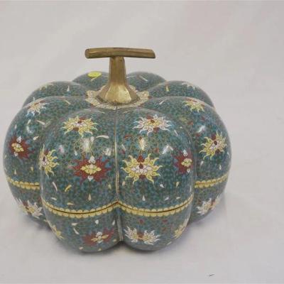 Large Beautiful turquoise detailed Chinese cloisonne enamel gourd box with scalloped edges and a gilt metal handle. Originally...